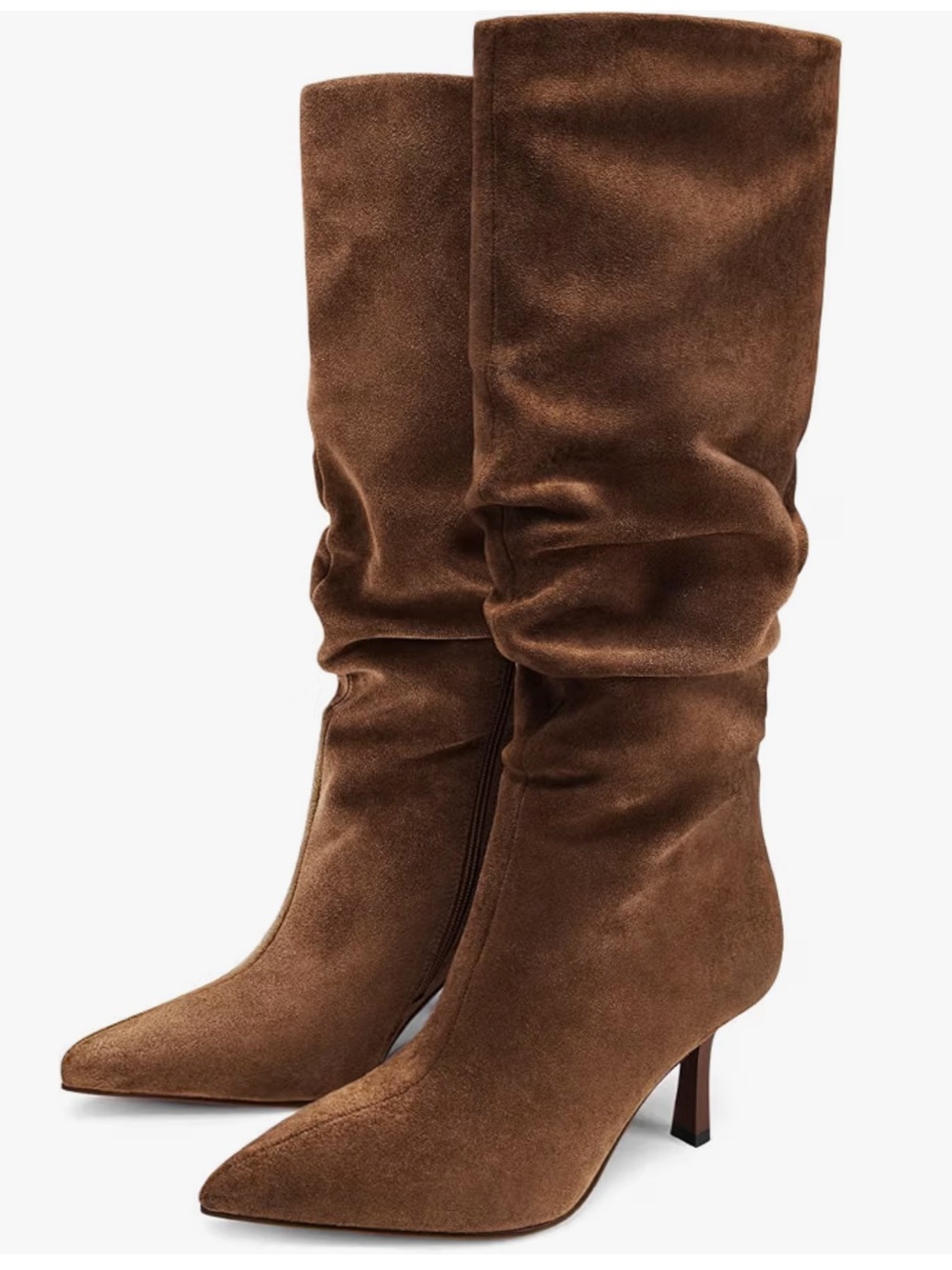 Brown Ruched Pointed Heeled Suede Boots